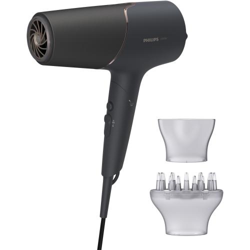 Uscator de par Philips BHD538/30, 2300W, tehnologie ThermoShield, ingrijire cu ioni, 3 setari de temperatura, 2 setari de viteza, difuzor, cap de coafare 11 mm (Negru/Roz)