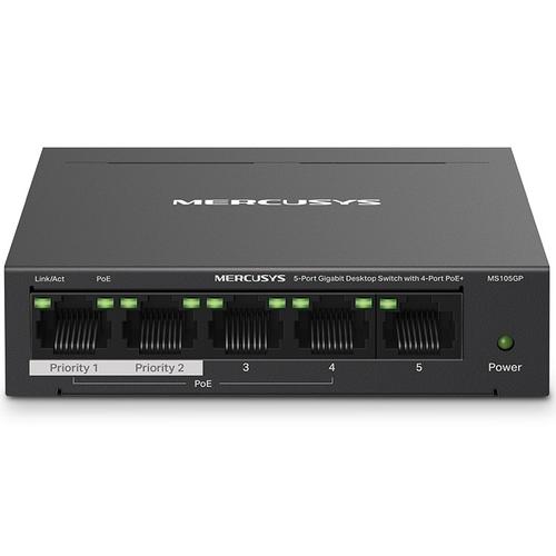 Switch PoE Desktop Mercusys MS105GP, 5 porturi Gigabit, 4 porturi PoE+ (Negru)