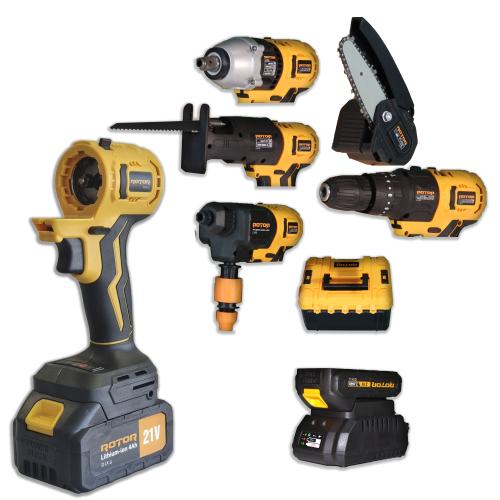 Kit 5 scule cu acumulator Rotor JFCT001, Mandrila infiletare, Mandrila pistol pneumatic, Mandrila tip sabie cu lama, Mandrila tip fierastrau cu lant, Cap de insurubat pneumatic - 0 | YEO