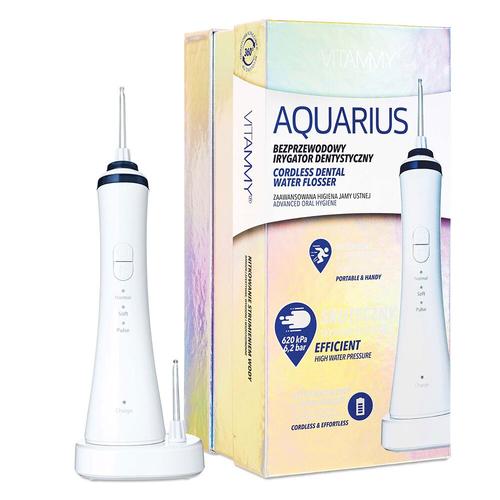 Irigator oral Vitammy Aquarius, incarcare wireless, 3 moduri de functionare, varf rotativ la 360 de grade, 2 duze, capacitate rezervor 150 ml, Alb