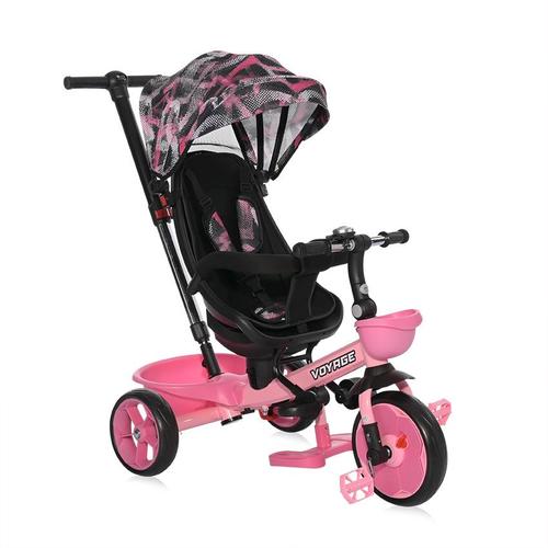 Tricicleta pentru copii Lorelli Voyage, Otel, cu sezut reversibil, centura siguranta, maner control parental, roti spuma EVA, 1-5 Ani, Roz