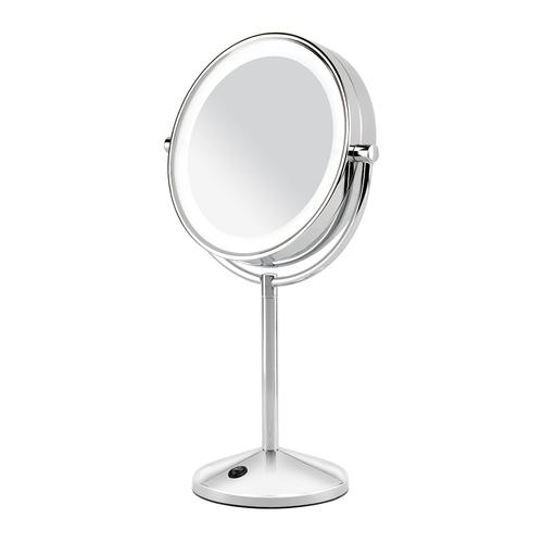 Oglinda cosmetica BaByliss 9436E, Led, Lupa, Marire 10x, 19 cm, 2 fete, rotire 360°, Baterii AA (Argintiu)