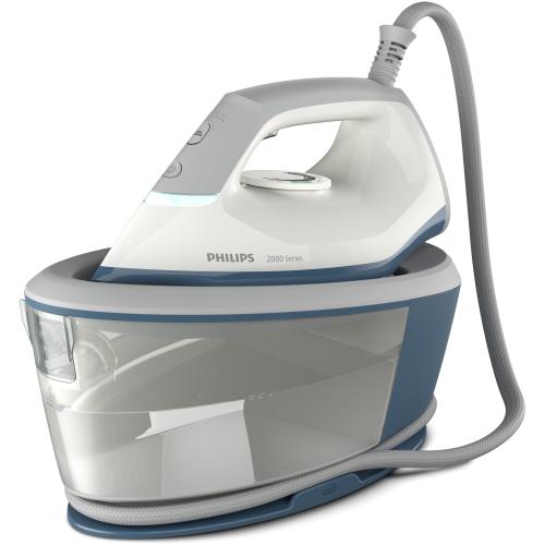 Statie de calcat cu abur Philips seria 2000 PSG2000/20, 2400 W, 6 bari, jet de abur 110 g/min, Talpa ceramica, Rezervor de apa 1.4 L, Oprire automata, sistem de detartrare Smart Calc Clean (Alb/Albastru)