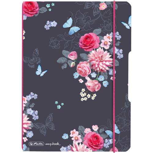 Caiet Herlitz MyBook Flex, A5, 40file, 80gr, dictando, coperta Ladylike Flowers, elastic roz