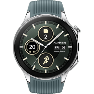 Smartwatch OnePlus Watch 2, 46mm, Ecran 1.43", Procesor Snapdragon W5 Gen 1, 2GB RAM, 32GB Flash, GPS, Bluetooth, Wi-Fi, 100 ore Autonomie, 100+ Moduri Sport (Argintiu/Verde)