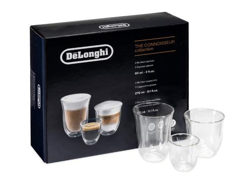 Set 6 Pahare De\'Longhi Colectia Connoisseur DLSC302, 2 pahare Espresso 90 ml, 2 pahare Cappuccino 270 ml si 2 pahare Latte Macchiato 330 ml, cu pereti dubli (Transparent)