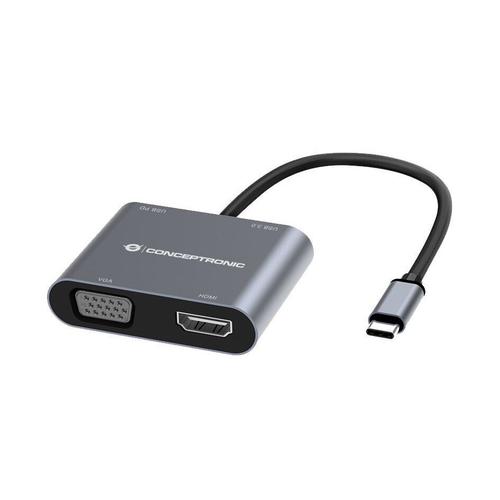 Docking Station Conceptronic DONN16G, HDMI, VGA, USB-A, 100W USB PD, 4 in 1, Universal (Gri)