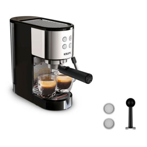 Espressor manual Krups Virtuoso Essential XP441810 presiune 15 bari rezervor apa 1L sistem de spumare a laptelui functie apa fierbinte reglare temperatura oprire automata sistem ThermoBlock design compact (Negru/Argintiu)
