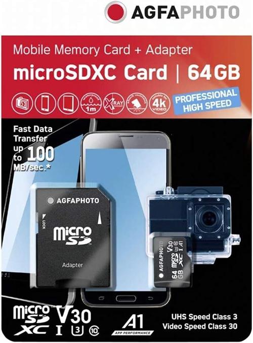 Card de memorie AgfaPhoto 10582A1, 64GB, microSDXC, UHS-I U3, V30, A1, Adaptor SD inclus