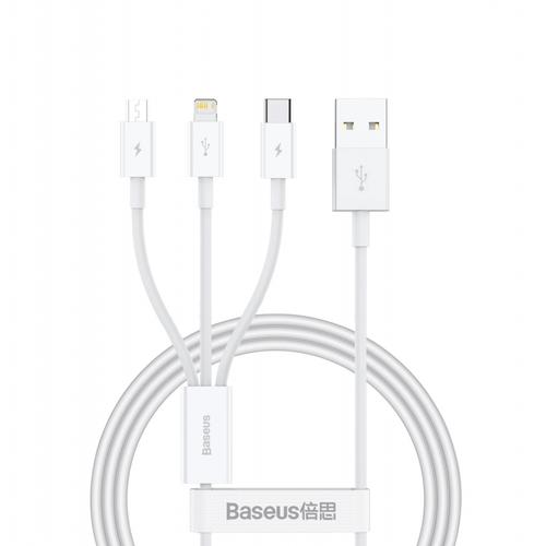 Cablu de date si incarcare Baseus Superior Series, USB-A - Lightning / microUSB / USB-C, 20W, 0.5m (Alb)