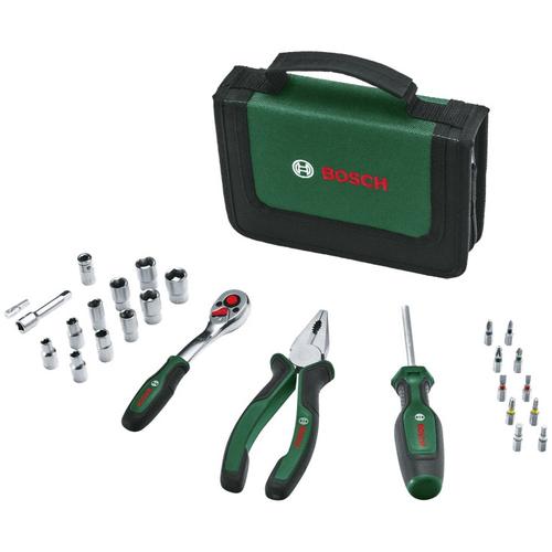 Set 26 scule de mana Bosch Mobility 1600A02BY2, cleste patent, surubelnita cu clichet, surubelnita universala, biti, adaptori biti, racorduri