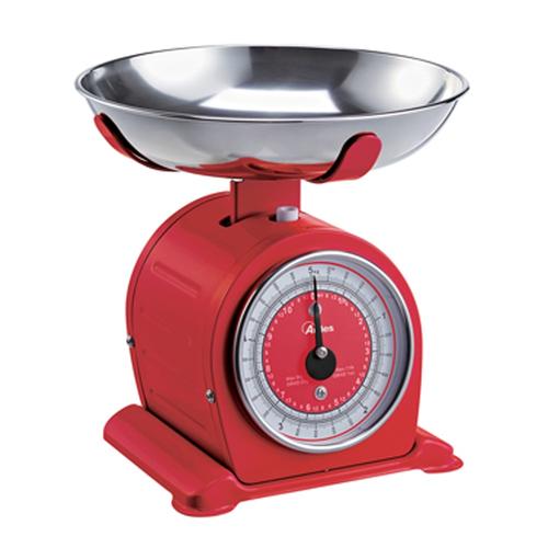 Cantar de bucatarie mecanic cu bol Ardes Bascula AR1PA3M, design vintage, capacitate maxima 5 kg, diviziune 20 g, funtia tare (Rosu)