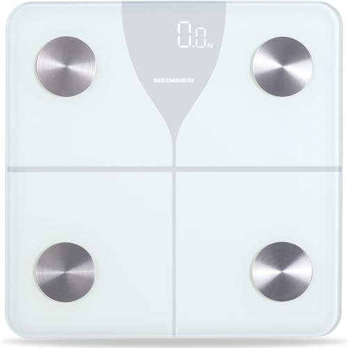 Cantar de baie inteligent Heinner HBS-BTH180WH, sticla securizata 5mm, 180kg, functie bluetooth, display led, gradare: 100g, pornire/oprire automata (Alb)