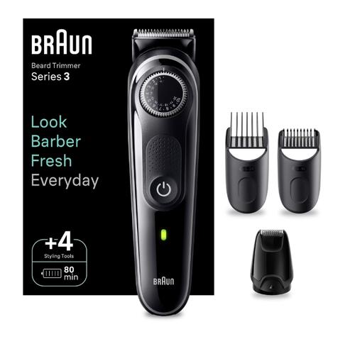 Aparat de tuns barba Braun Beard Trimmer BT3440, Wet&Dry, buton rotativ de precizie, 40 de setari pentru lungime, 1 mini-aparat de ras, 2 piepteni de precizie, autonomie 80 minute (Negru/Gri)