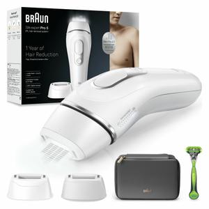 Epilator IPL Braun Silk-expert PRO 5 PL5145 Senzor automat & continuu Skin pro 2.0, 400.000 impulsuri, 10 niveluri de intensitate, 125 de impulsuri pe minut, cap lat, Trusa de voiaj, Aparat de ras Gillette (Alb)