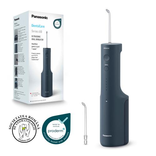 Irigator bucal Panasonic Ultrasonic EW-DJ66-A303, aprox. 647kPa presiune apa, 5 trepte de reglare presiune, portabil, 2 duze Ultrasonice incluse, Capacitate rezervor 200 ml (Albastru)