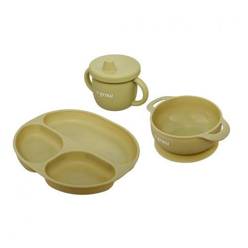 Set 3 piese silicon U-Grow UG-SET15OV, bol, farfurie si cana cu cioc