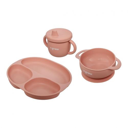 Set 3 piese silicon U-Grow UG-SET15PK, bol, farfurie si cana cu cioc