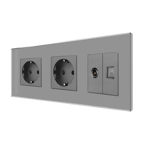 Priza Dubla Schuko + TV + Internet cu Rama Din Sticla LUXION
