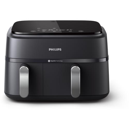 Friteuza dubla fara ulei Philips Airfryer Seria 3000 NA351/00, 2750 W, tehnologia Rapid Air, 2 recipiente de 2 dimensiuni, afisaj digital, 8 presetari, capacitate 9 litri, cronometru, compatibila cu HomeID (Negru)