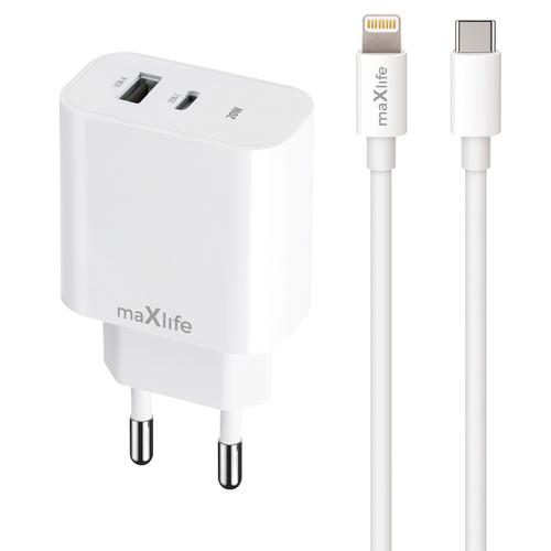 Incarcator Retea Cu Cablu Lightning MaXlife MXTC-06-20AC, 20W, 3A, 1 x USB-A, 1 x USB-C, Alb