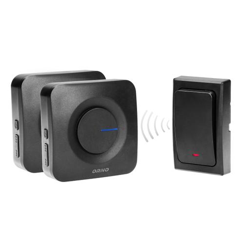 Sonerie wireless ORNO OR-DB-MT-165, pentru usa sau poarta, exterior, alimentare la retea, transmitator rezistent la apa IP44, distanta de functionare 200 m, 36 melodii disponibile, kit montaj perete, 2 receptoare, Negru