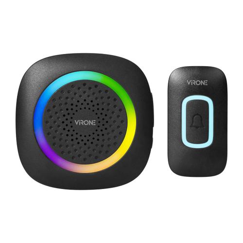 Sonerie wireless Virone DB-6/B, pentru usa sau poarta, exterior, alimentare cu baterii, transmitator rezistent la apa IP44, iluminare RGB, distanta de functionare 300 m, 60 melodii disponibile, kit montaj perete, 1 receptor, Negru