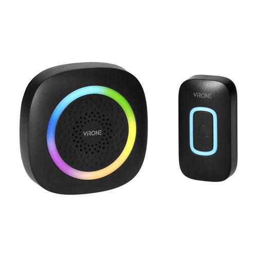 Sonerie wireless Virone Pela AC DB-7/B, pentru usa sau poarta, exterior, alimentare la retea, iluminare RGB, transmitator rezistent la apa IP44, distanta de functionare 300 m, 60 melodii disponibile, IP44, kit montaj perete, 1 receptor, Negru
