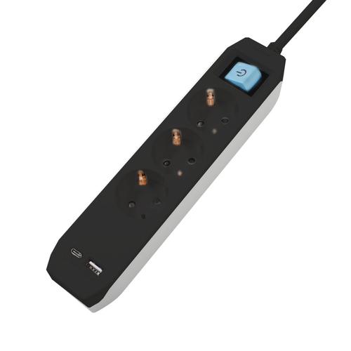 Prelungitor SPACER, Schuko x 3, Type-C x1, USB x 1, 3.1A, cablu 4.5m, 16 A, max. 3500W, protectie copii, Intrerupator, Negru