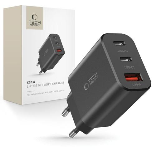 Incarcator Retea Tech-Protect NC30W, 30W, 3A, 1 x USB-A, 2 x USB-C, Negru