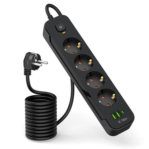 Prelungitor Tech-Protect PCL4X3, 2.1A, 1 x USB-C - 2 x USB-A - 4 x Schuko, Negru