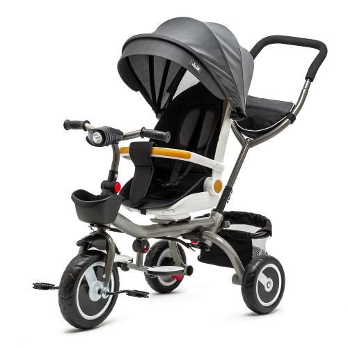 Tricicleta  3 in 1 Juju Bliss Ride, Pozitie de Somn, Reversibila, Far luminos, Muzica, Cos Depozitare, Gentuta, Protectie Raze UV, Cauciucuri Spuma EVA, Greutate Maxima Admisa 25kg, Gri