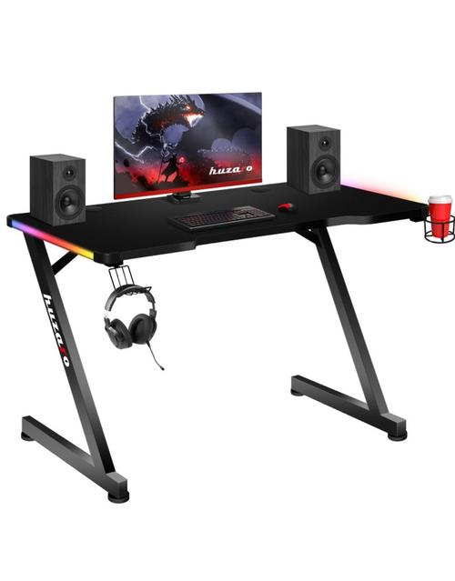 Birou gaming Huzaro Hero 2.5 RGB, Suport casti si pahar, Picioare ajustabile (Negru)