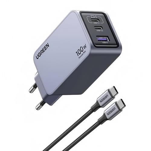 Incarcator retea Ugreen Nexode Pro 100W, GaN Mini, 2x USB-C, 1x USB-A, cu cablu USB-C inclus, Gri