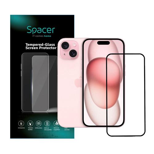Folie sticla Spacer pentru Iphone 15 Plus, grosime 0.3mm, acoperire totala ecran, strat special anti-ulei si anti-amprenta, Tempered Glass, sticla 9D, duritate 9H