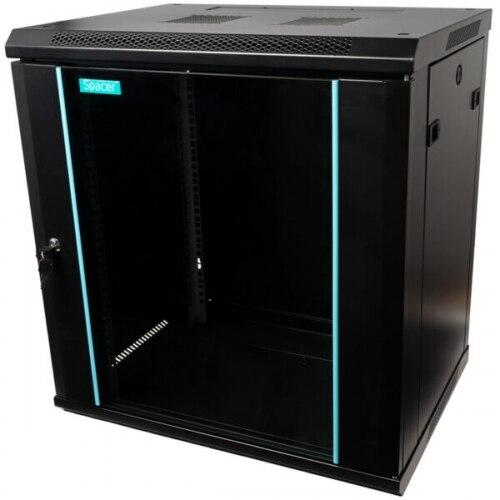 CABINET 19″ SPACER 12U 600x450mm, fixare pe perete, Flatpack (dezasamblat), Black, usa sticla (Negru)