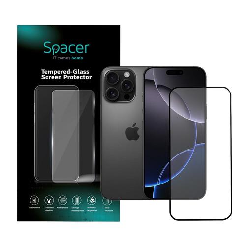 Folie sticla Spacer pentru Iphone 16 Pro Max, grosime 0.3mm, acoperire totala ecran, strat special anti-ulei si anti-amprenta, Tempered Glass, sticla 9D, duritate 9H (Transparent/Negru)