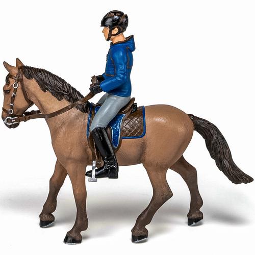 Set figurine Papo - Cai si Ponei, Jocheu in jacheta albastra si cal