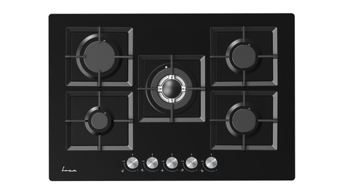 Plita incorporabila FRAM FBH-M705IWF-GBK, Gaz, 5 arzatoare, Wok, Aprindere electrica, Gratar fonta, Sticla (Negru)