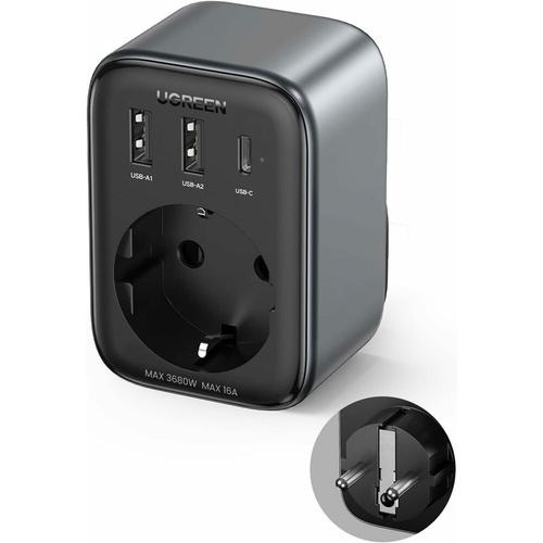 Extender priza Ugreen, 220V AC, 3680W, Quick Charger, 2x USB-A, 1x USB-C 30W, Negru