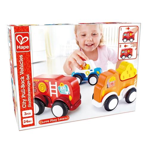 Set 3 masinute Hape Pull-Back - Politie, pompieri, constructor