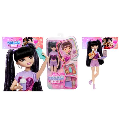 Papusa Barbie Dream Besties, 8 accesorii, par lung negru cu suvite, mov