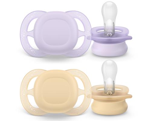 Set 2 suzete Philips Avent Ultra Start SCF075/01, ortodontice, fara BPA, 0-2 luni (Bej/Lila)