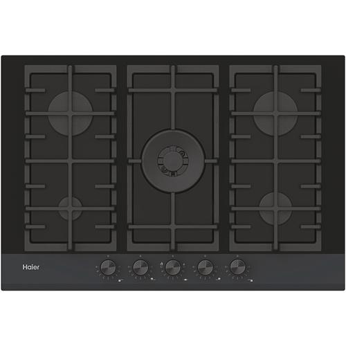 Plita incorporabila Haier HAVG75HB, Gaz, 5 arzatoare, Aprindere electrica, Wok, Gratar fonta, 75 cm (Sticla neagra)