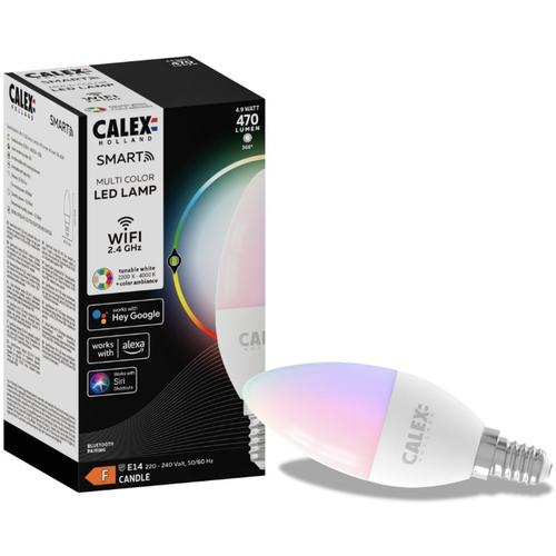 Bec LED RGB inteligent Calex, Wi-Fi, Bluetooth, B35, E14, 4.9W, 470 lm, lumina alba si colorata, Clasa energetica F