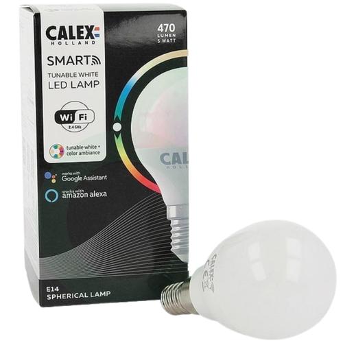 Bec LED RGB inteligent Calex, Wi-Fi, Bluetooth, P45, E14, 4.9W, 470 lm, dimabil, lumina alba si colorata, Clasa energetica F