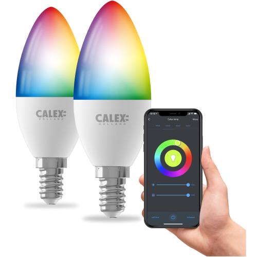 Set 2 becuri LED RGB inteligente Calex, Wi-Fi, B35, E14, 4.9W, 470 lm, dimabil, lumina alba si colorata, Clasa energetica F