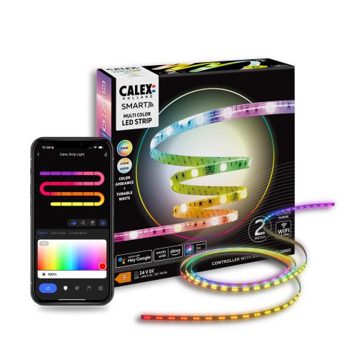 Banda LED RGBIC+CCT inteligenta Calex, Wi-Fi, Bluetooth, 12W/24W, 700 lm, lumina alba si colorata (2700-6500K), IP20, 2m, Clasa energetica F
