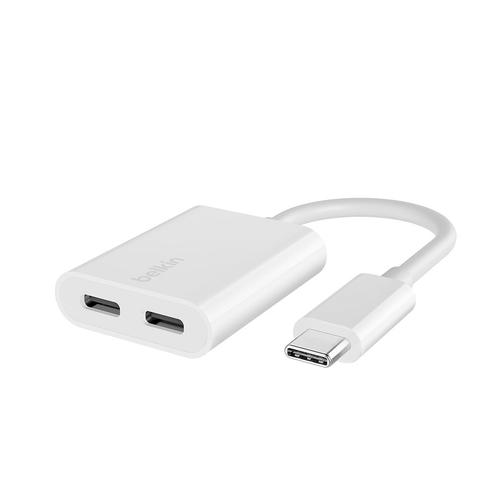 Adaptor audio si incarcare Belkin ROCKSTAR Dual USB-C F7U081btWH, 2 x USB-C, 60 W (Alb)