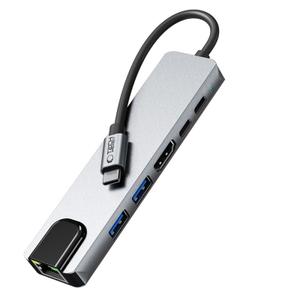 Hub USB-C Tech-Protect HB02, 1 x USB-A, 1 x USB-A 3.0, 2 x USB-C, 1 x HDMI, 1 x RJ45 (Gri)